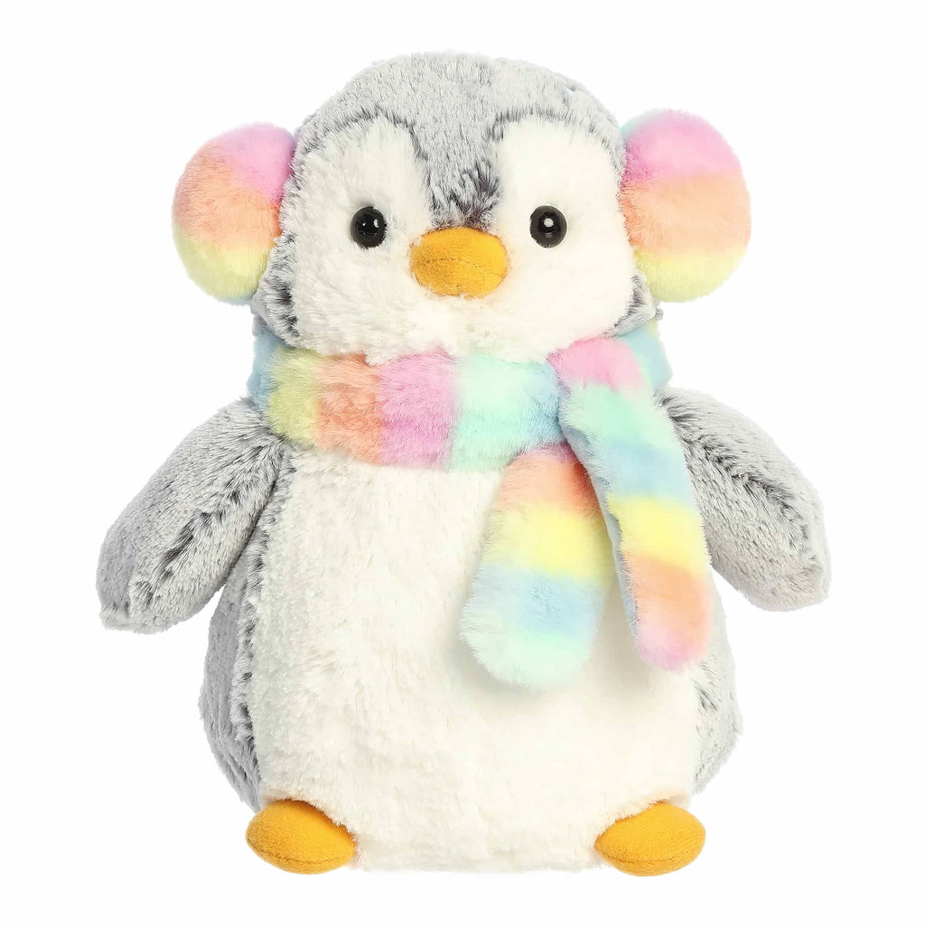 Plush penguin toy with a colorful scarf and earmuffs, front view, on a white background.