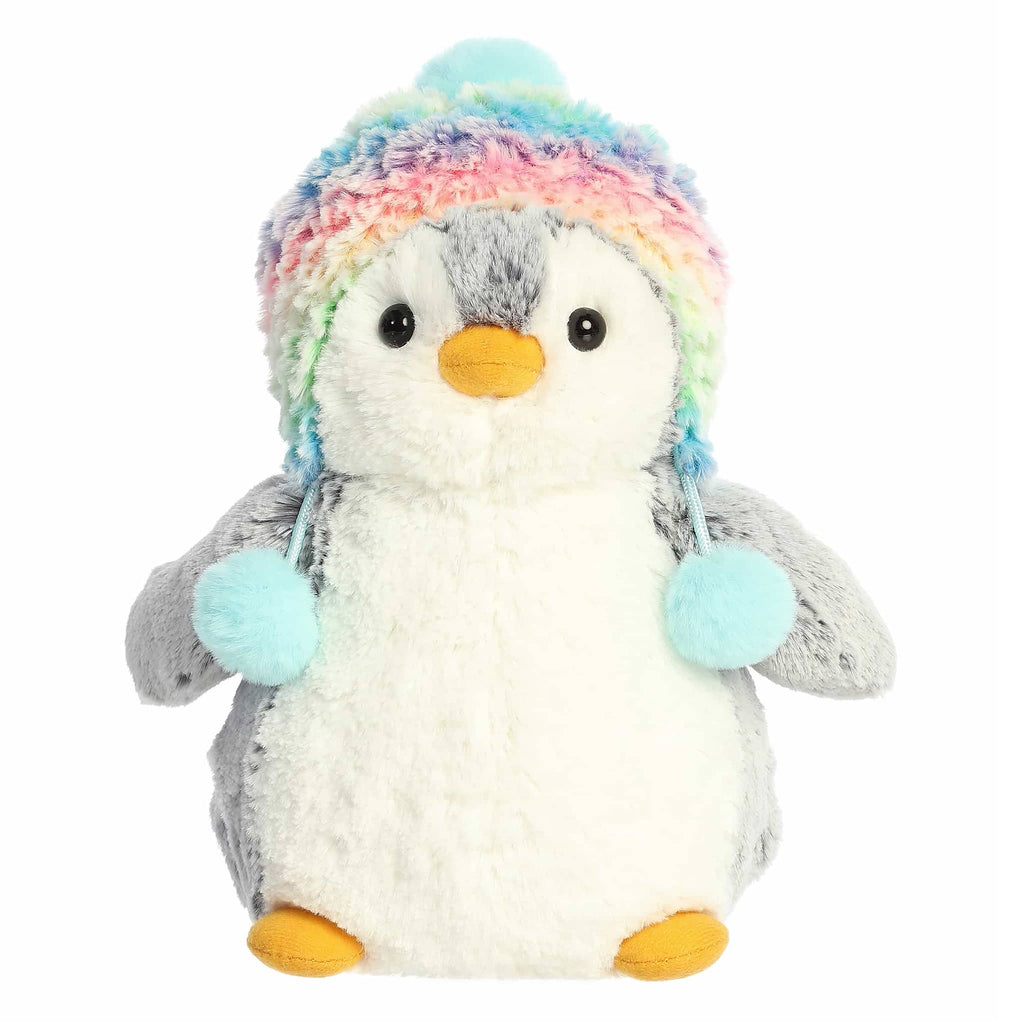 Plush penguin toy with a colorful beanie, front view, on a white background.