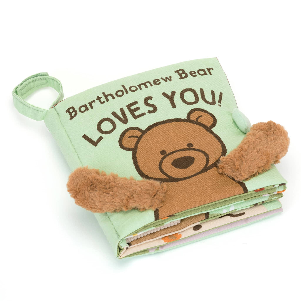 Baby Jellycat Bartholomew Bear Loves You! fabric stroller book, front angle.