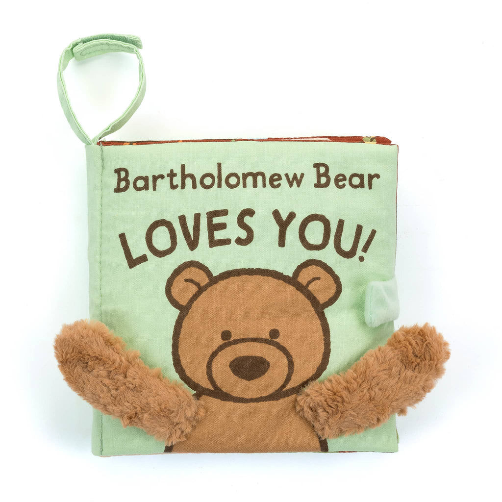 Baby Jellycat Bartholomew Bear Loves You! fabric stroller book, front cover.