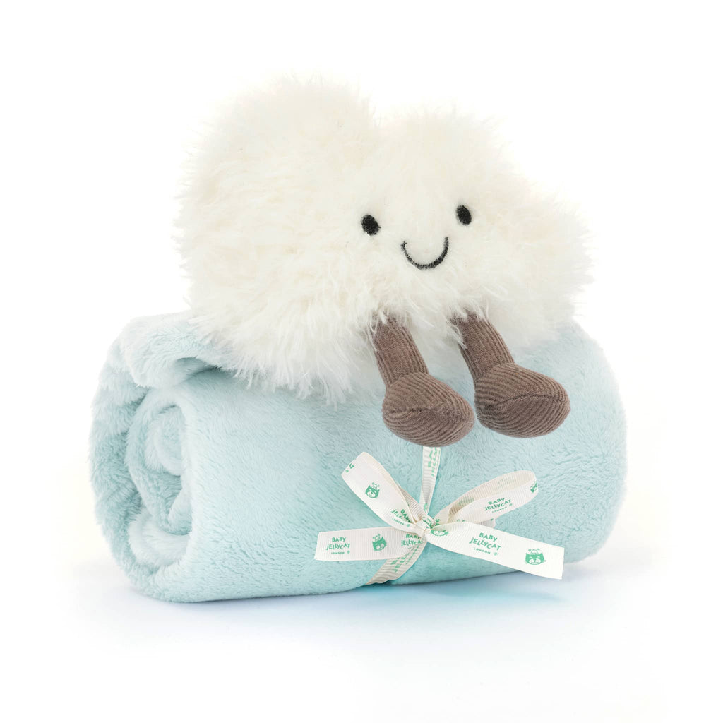 Baby Jellycat Amuseables Cloud plush soother, rolled up, front angle view.