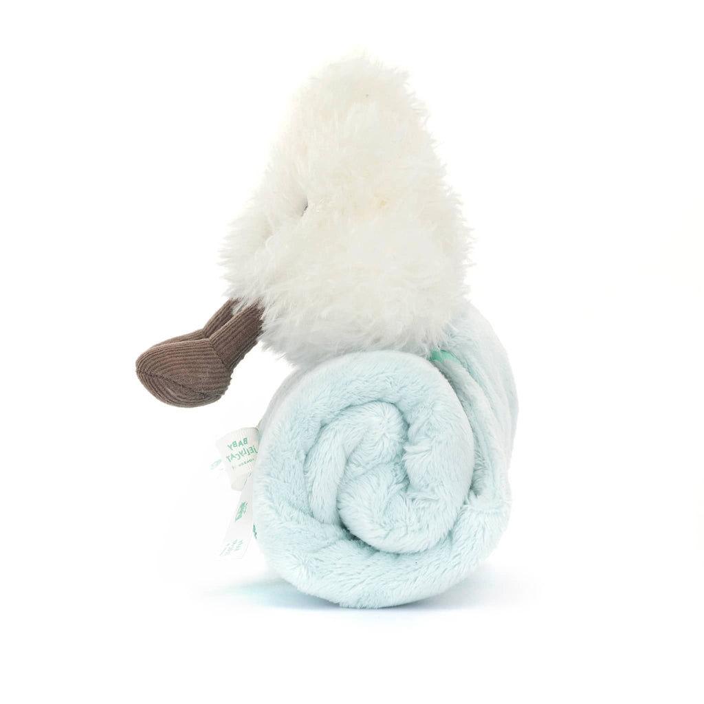 Baby Jellycat Amuseables Cloud plush soother, rolled up, side view.