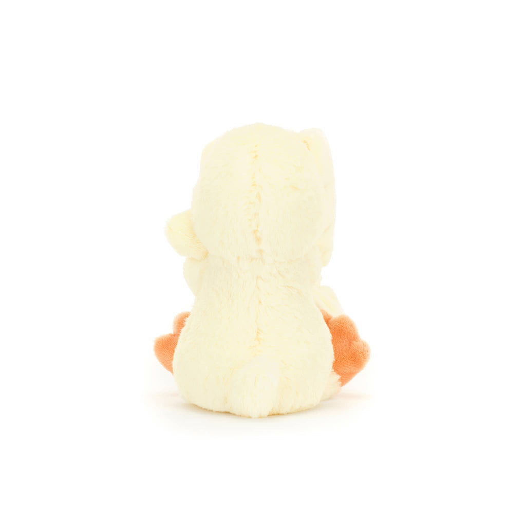 Baby Jellycat Bashful Duckling Soother, blanket rolled up, back view.