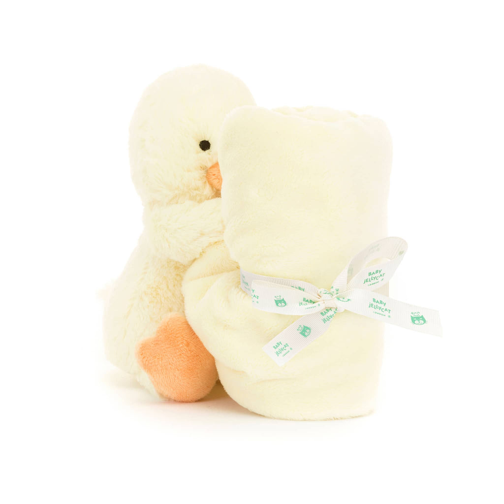 Baby Jellycat Bashful Duckling Soother, blanket rolled up, front angle view.