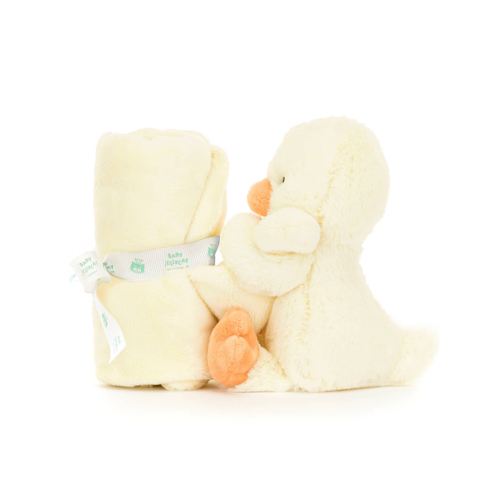 Baby Jellycat Bashful Duckling Soother, blanket rolled up, side view.