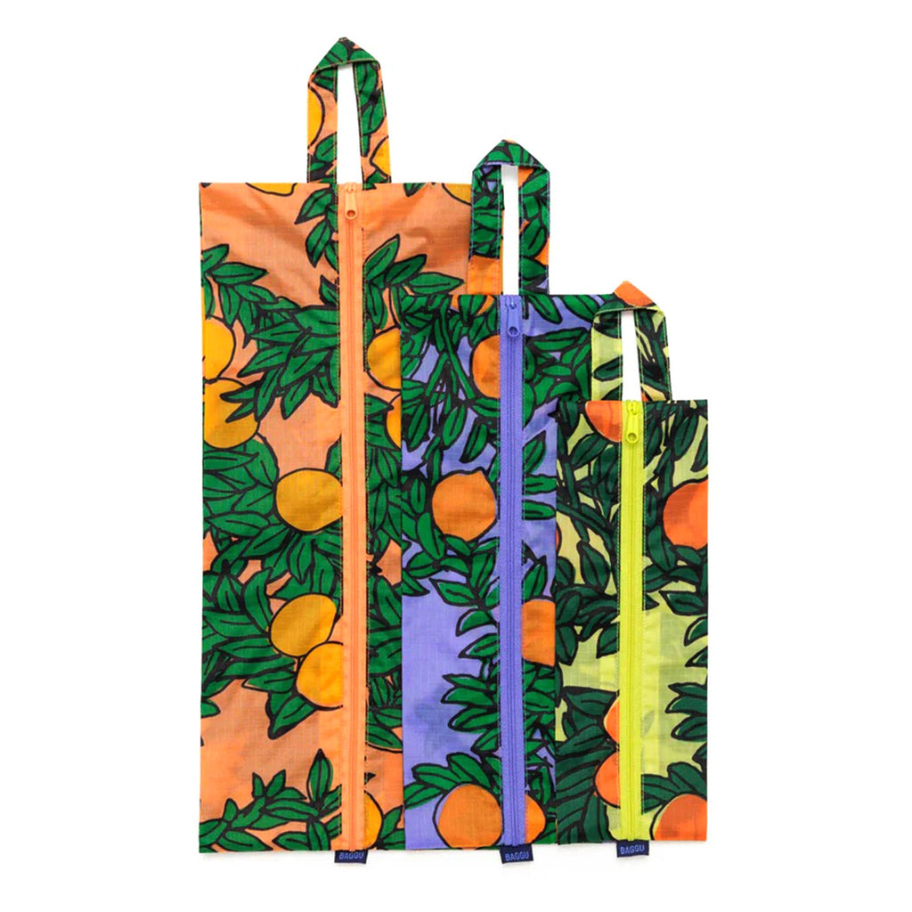 Baggu reusable recycled ripstop nylon 3D zip bags, set of 3 in Orange Trees print, flat.
