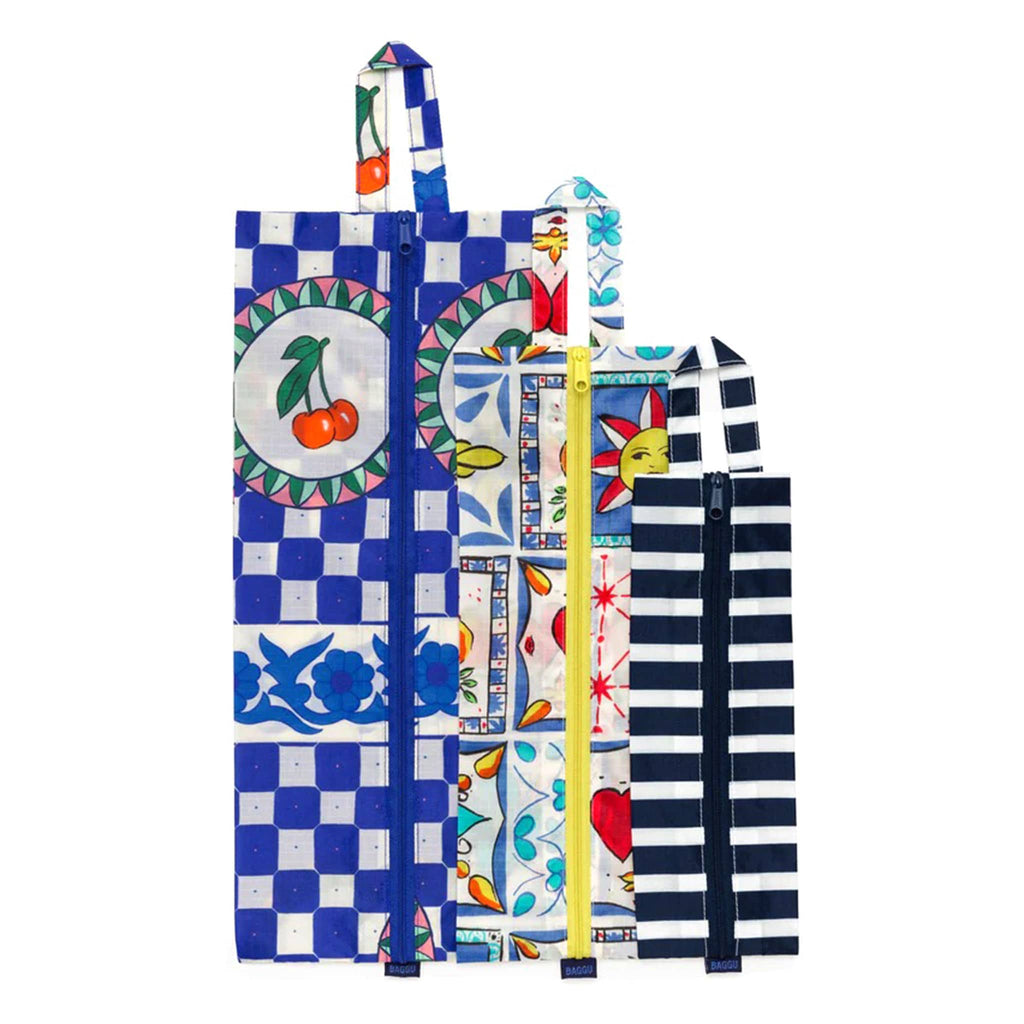 Baggu reusable recycled ripstop nylon 3D zip bags, set of 3 in vacation tiles print collection, flat.