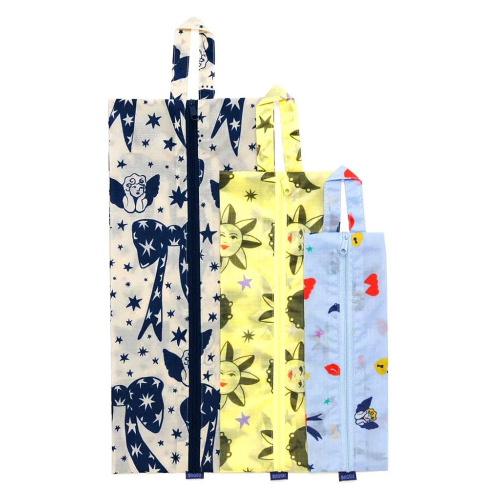 Baggu reusable recycled ripstop nylon 3D zip bags, set of 3 in charms print collection, flat.