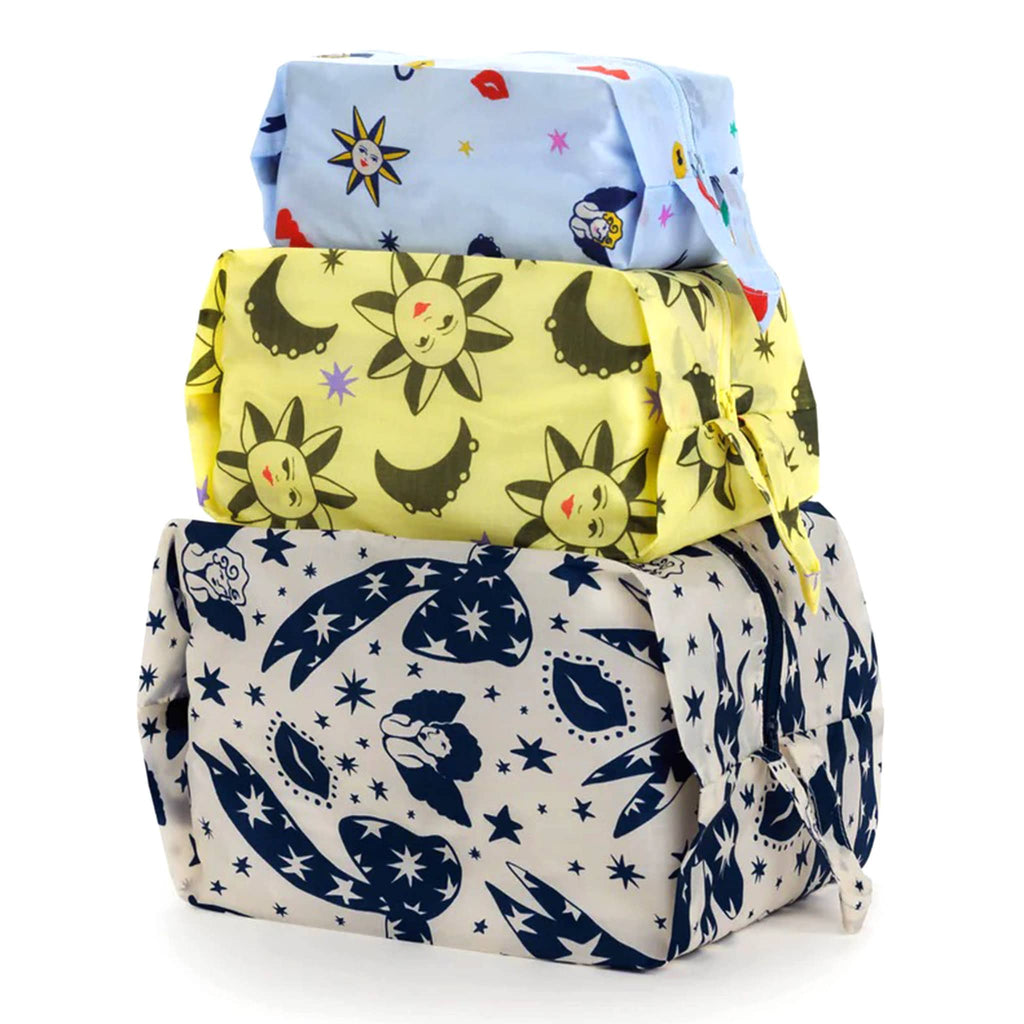 Baggu reusable recycled ripstop nylon 3D zip bags, set of 3 in charms print collection, stuffed and stacked.