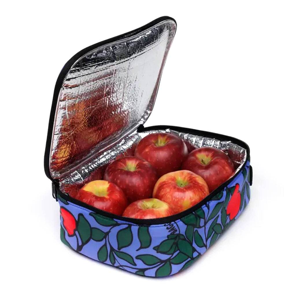 Baggu Apple Tree recycled nylon puffy lunch box, front angle, open showing silver insulated lining with red apples inside.