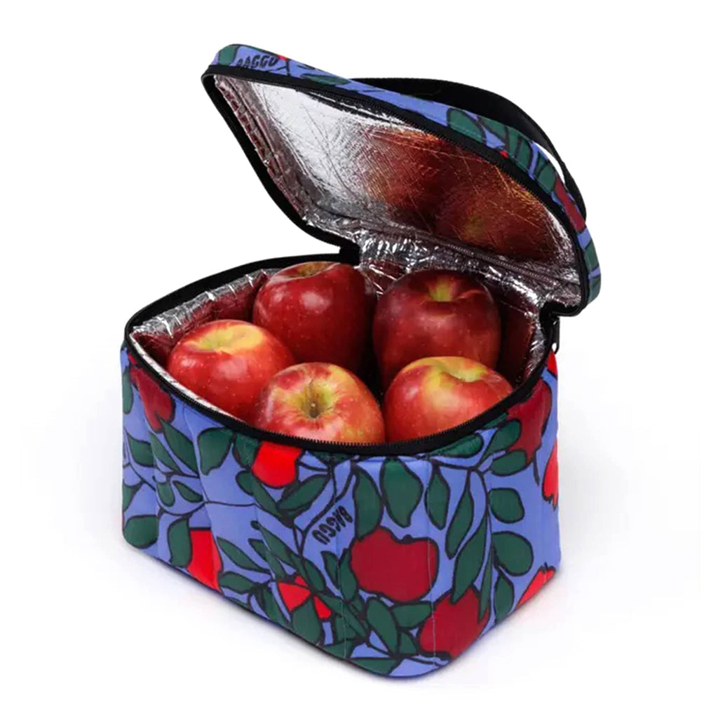Baggu Apple Tree recycled ripstop nylon puffy lunch bag, front angle view, open showing insulated lining and apples.