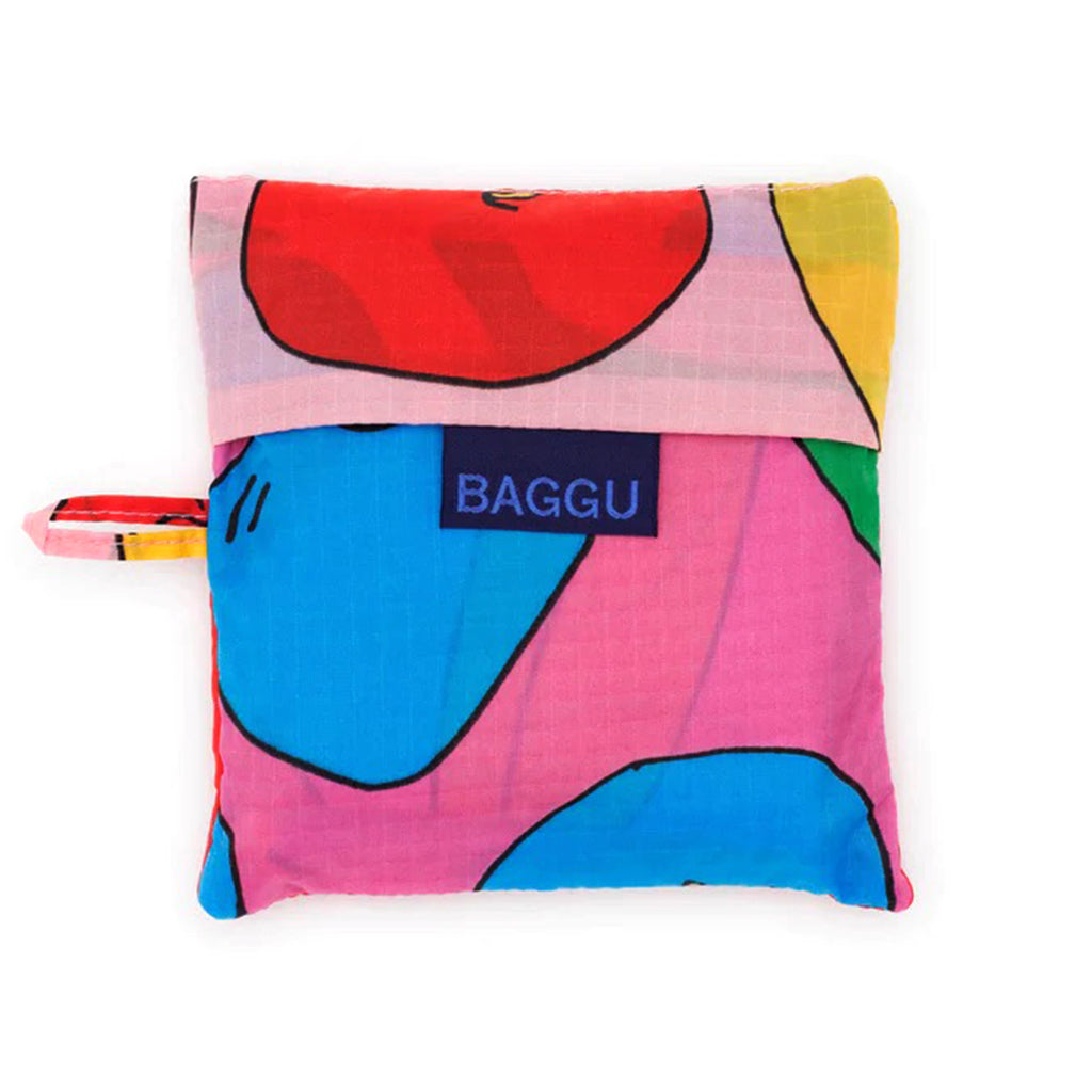 Baggu standard size eco-friendly recycled ripstop nylon reusable tote bag in Apples & Bananas Mix, in matching pouch.