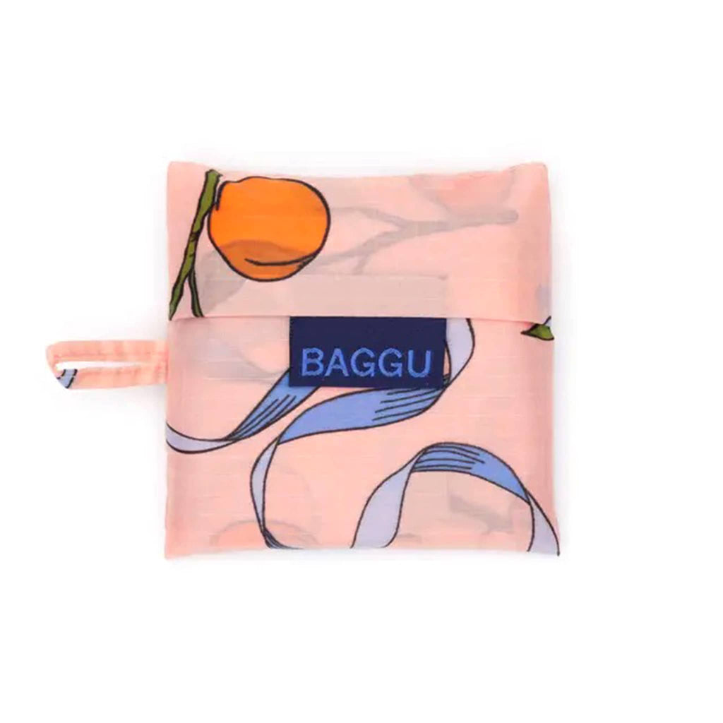 Baby Baggu in Apricots and Ribbons print, in matching pouch.