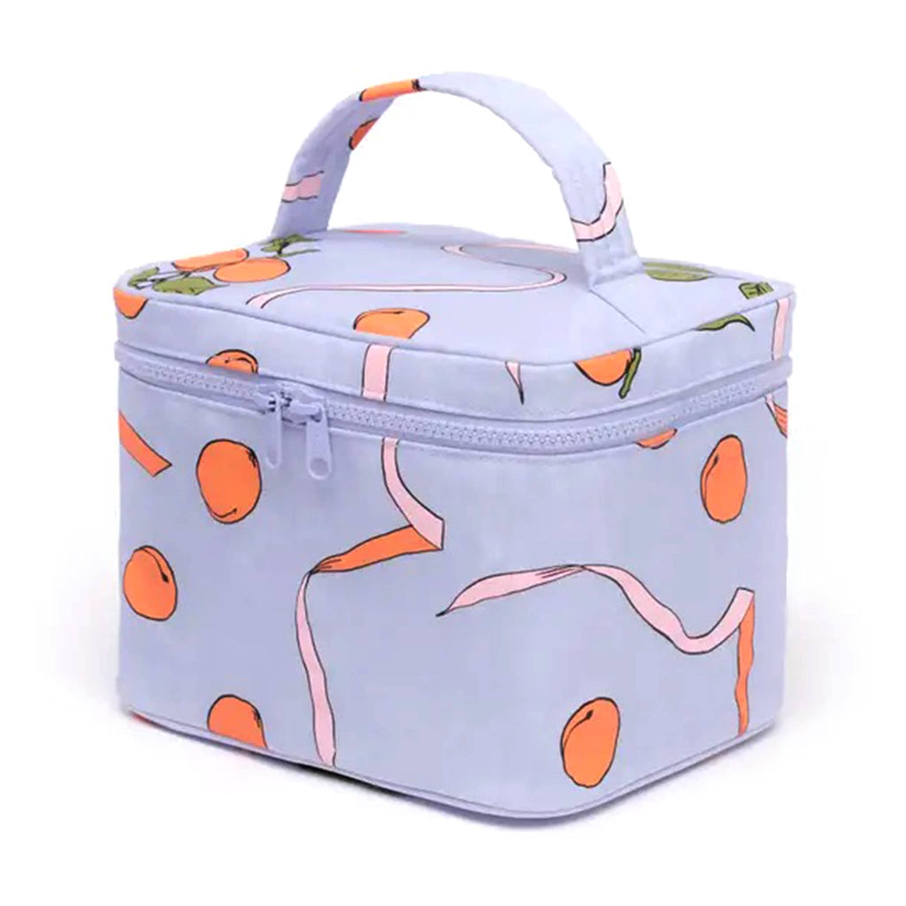 Baggu large cosmetic case with apricots and ribbons print, front angle.