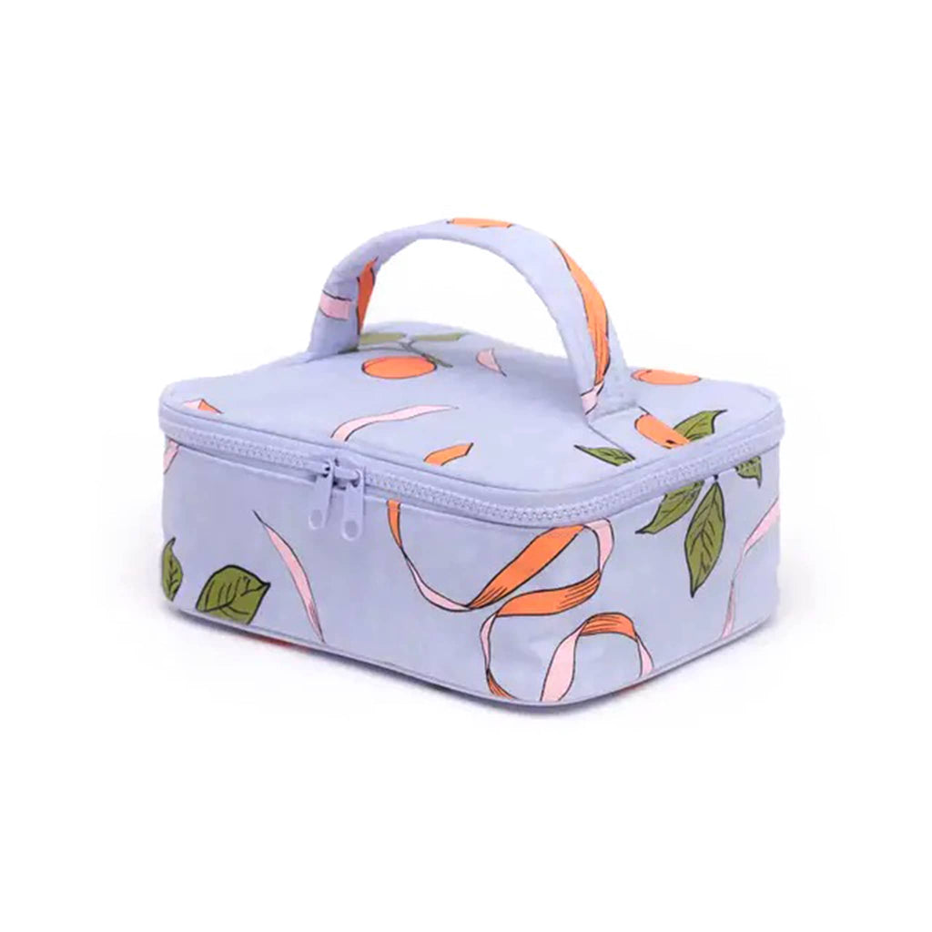 Baggu small cosmetic case with apricots and ribbons print, front angle.