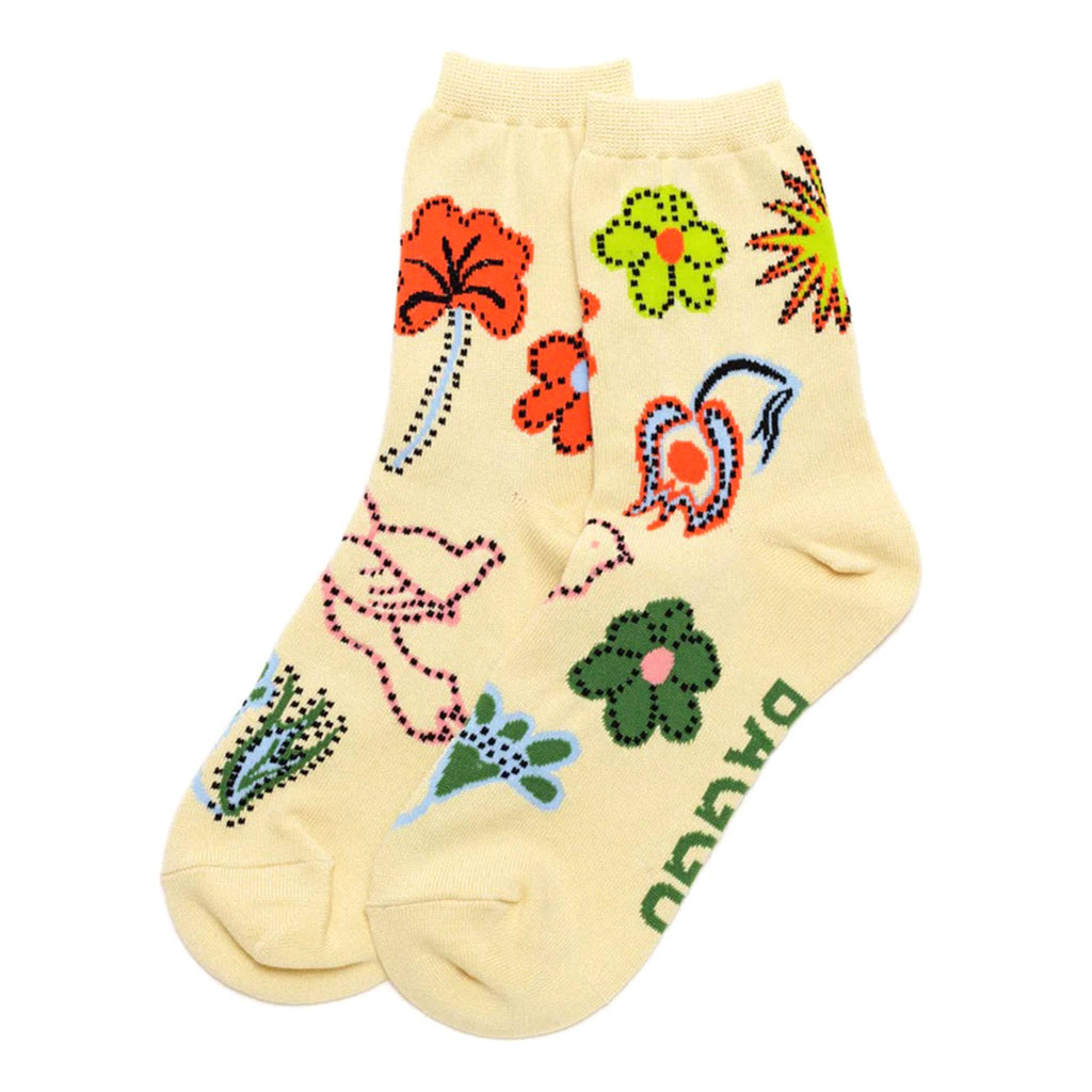 Baggu bamboo rayon unisex crew socks with colorful birds and florals on an ecru background, flat.