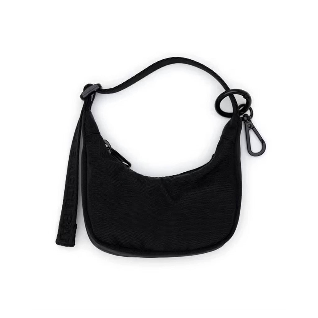 Baggu black crescent bag charm with black strap on a white background.