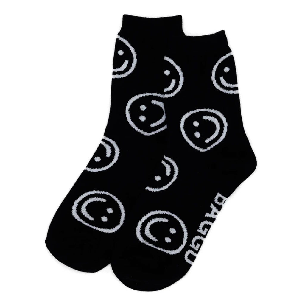 Baggu bamboo rayon unisex Happy crew socks with gray smiley faces on a black background, flat.