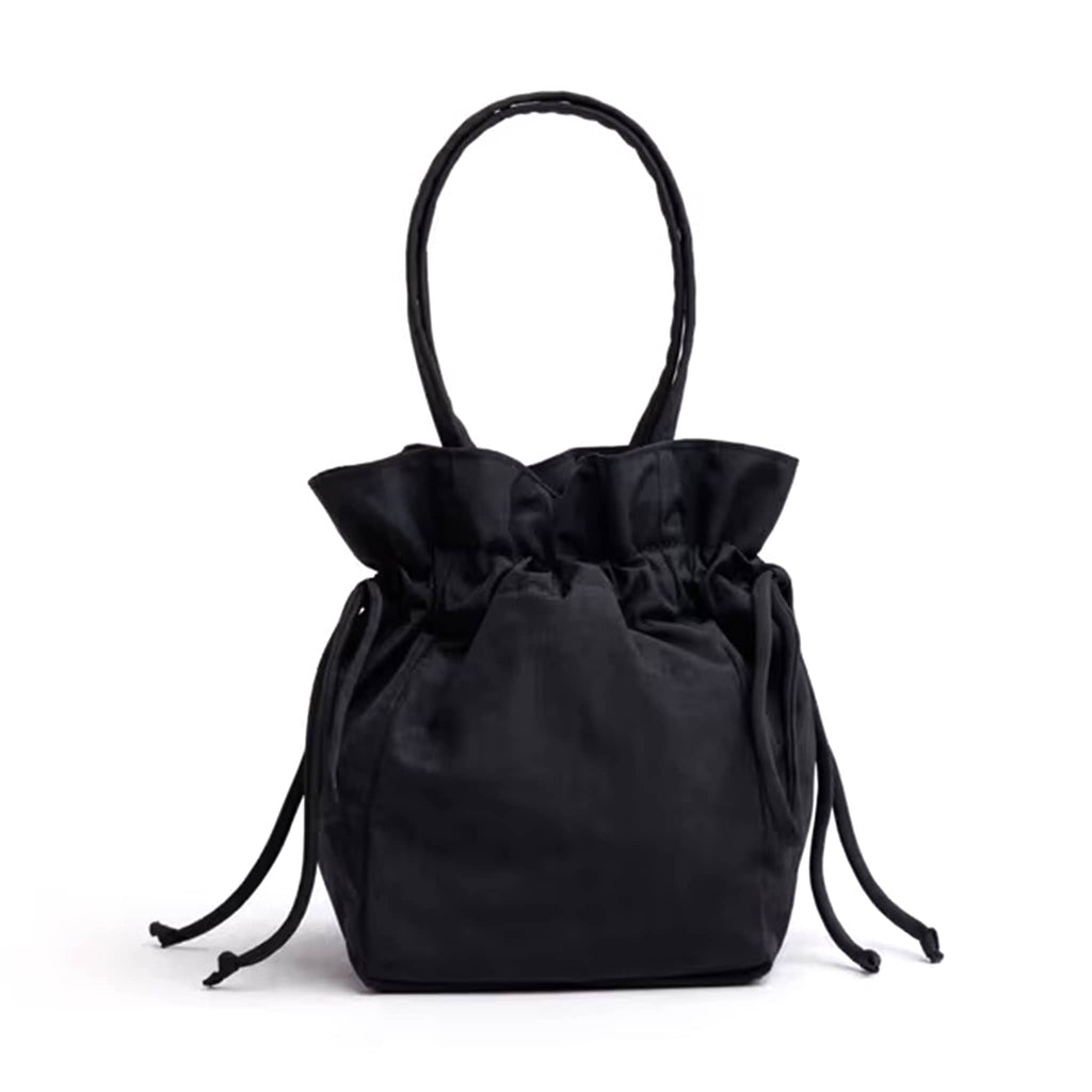 Baggu black recycled nylon drawstring bag, front view, on a white background.