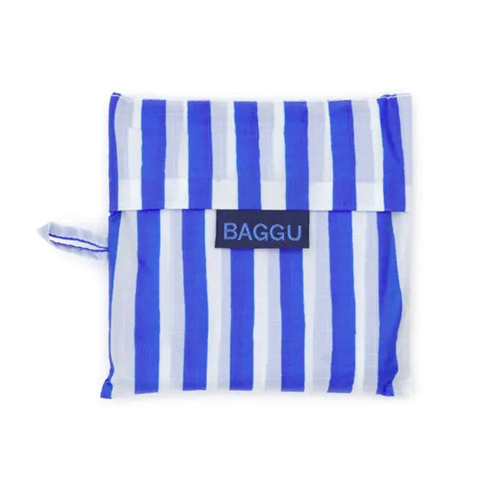 Baggu Blue Painted Stripe standard ripstop nylon reusable bag, in pouch.