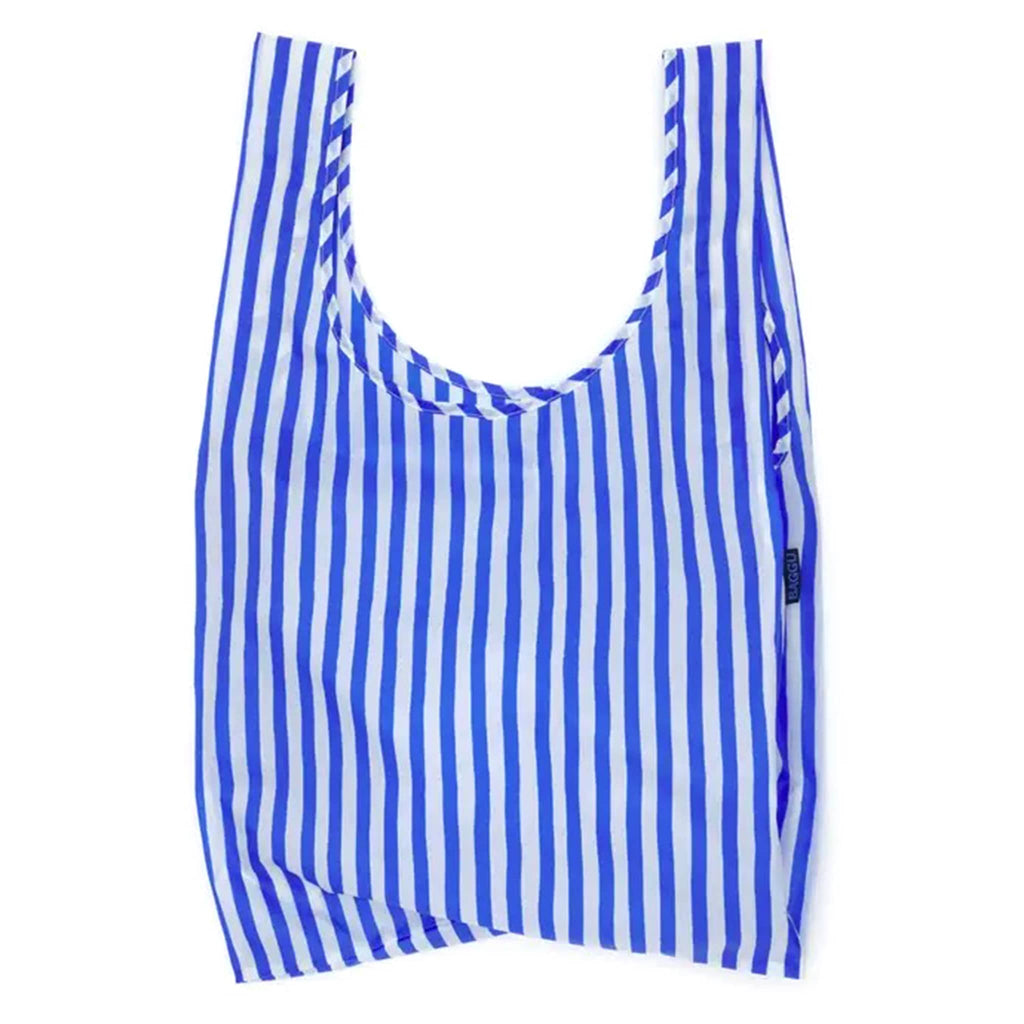 Baggu Blue Painted Stripe standard ripstop nylon reusable bag, unfolded.