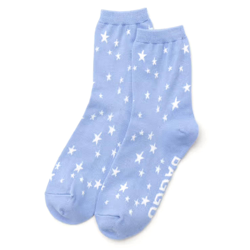 Light blue socks with white star pattern on a white background.