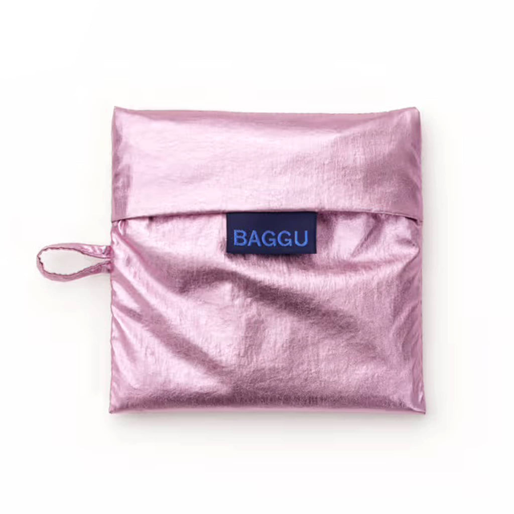 Pink metallic pouch with 'BAGGU' logo on a white background.