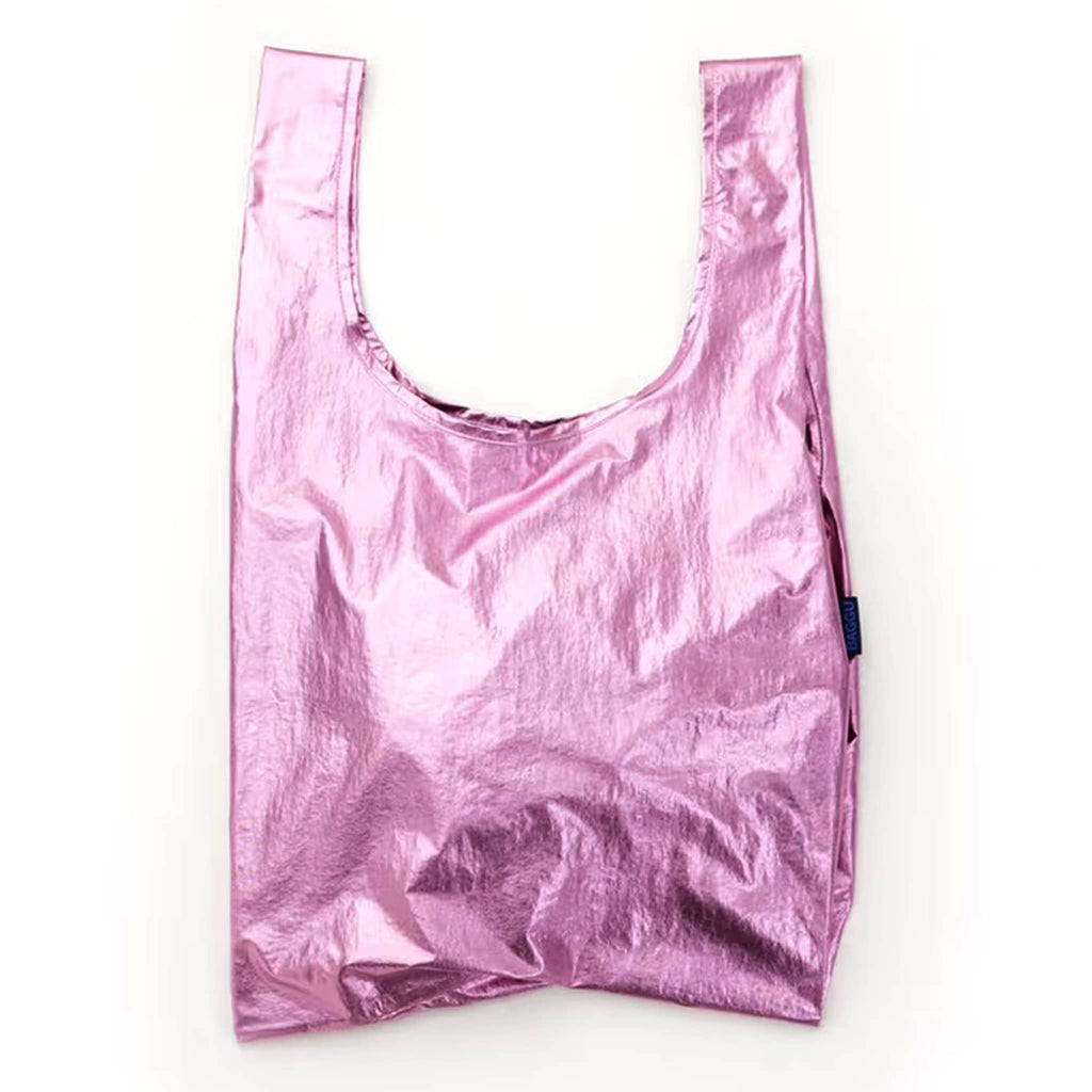 Pink metallic reusable nylon bag on a white background.