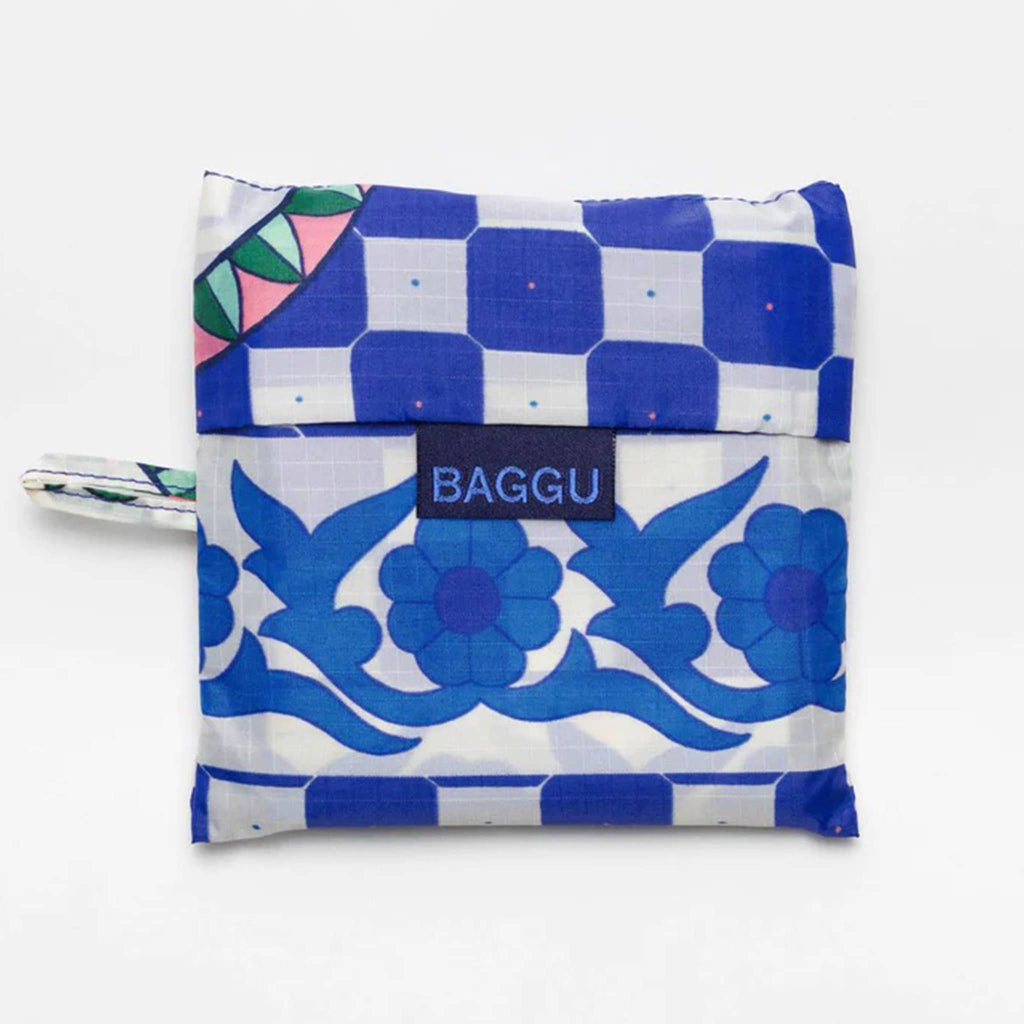 Baggu standard size eco-friendly recycled ripstop nylon reusable tote bag with Cherry Tile pattern, in matching pouch.