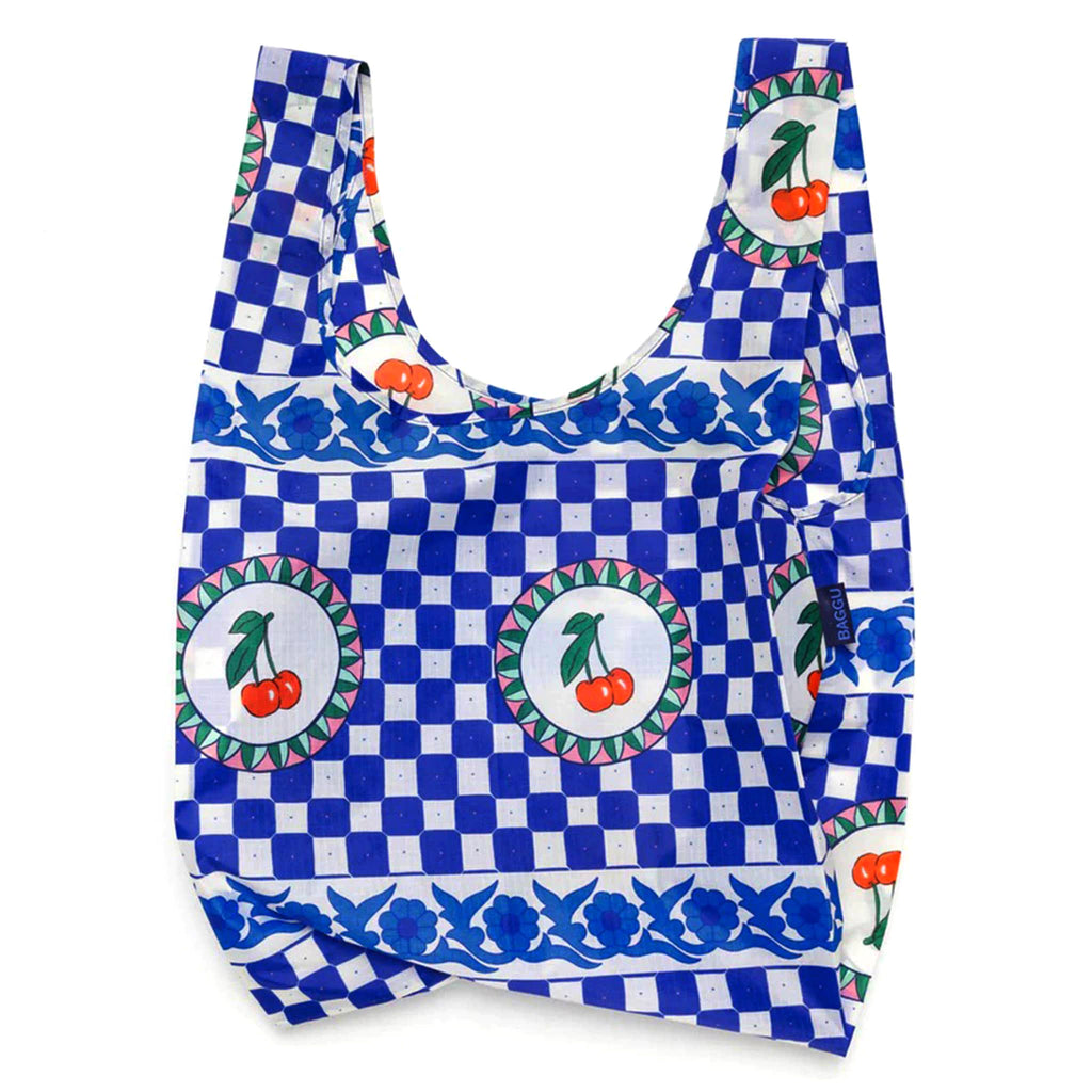 Baggu standard size eco-friendly recycled ripstop nylon reusable tote bag with Cherry Tile pattern, unfolded.