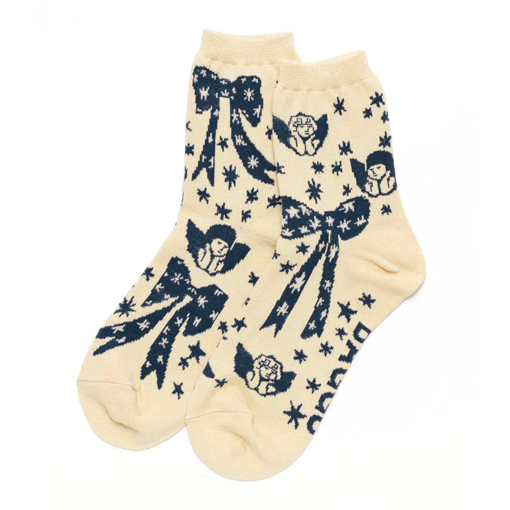 Baggu bamboo rayon unisex crew socks with blue and white Cherub Bows print, flat.