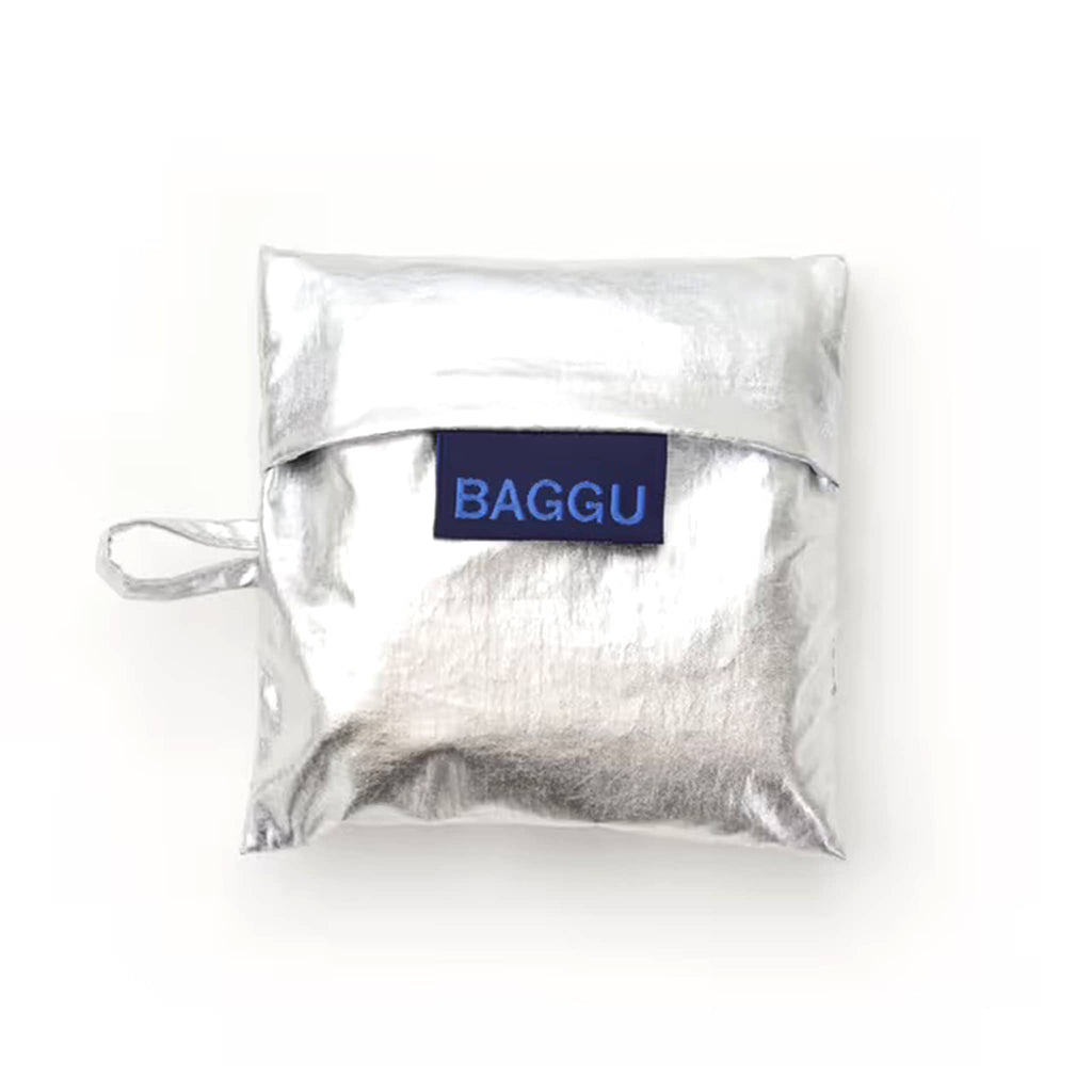 Baby Baggu reusable bag in Chrome Metallic, in matching pouch.