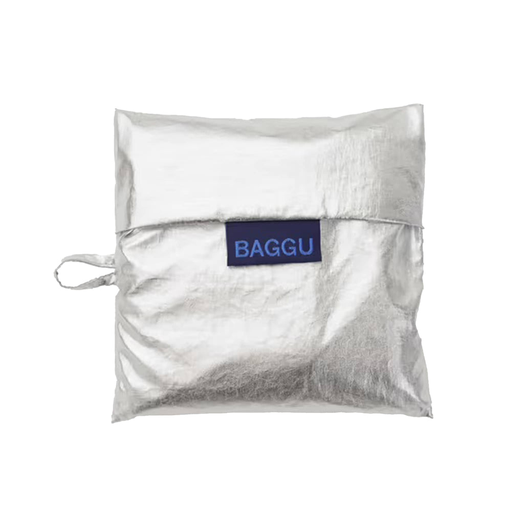 Silver reusable pouch with 'Baggu' logo on a white background.