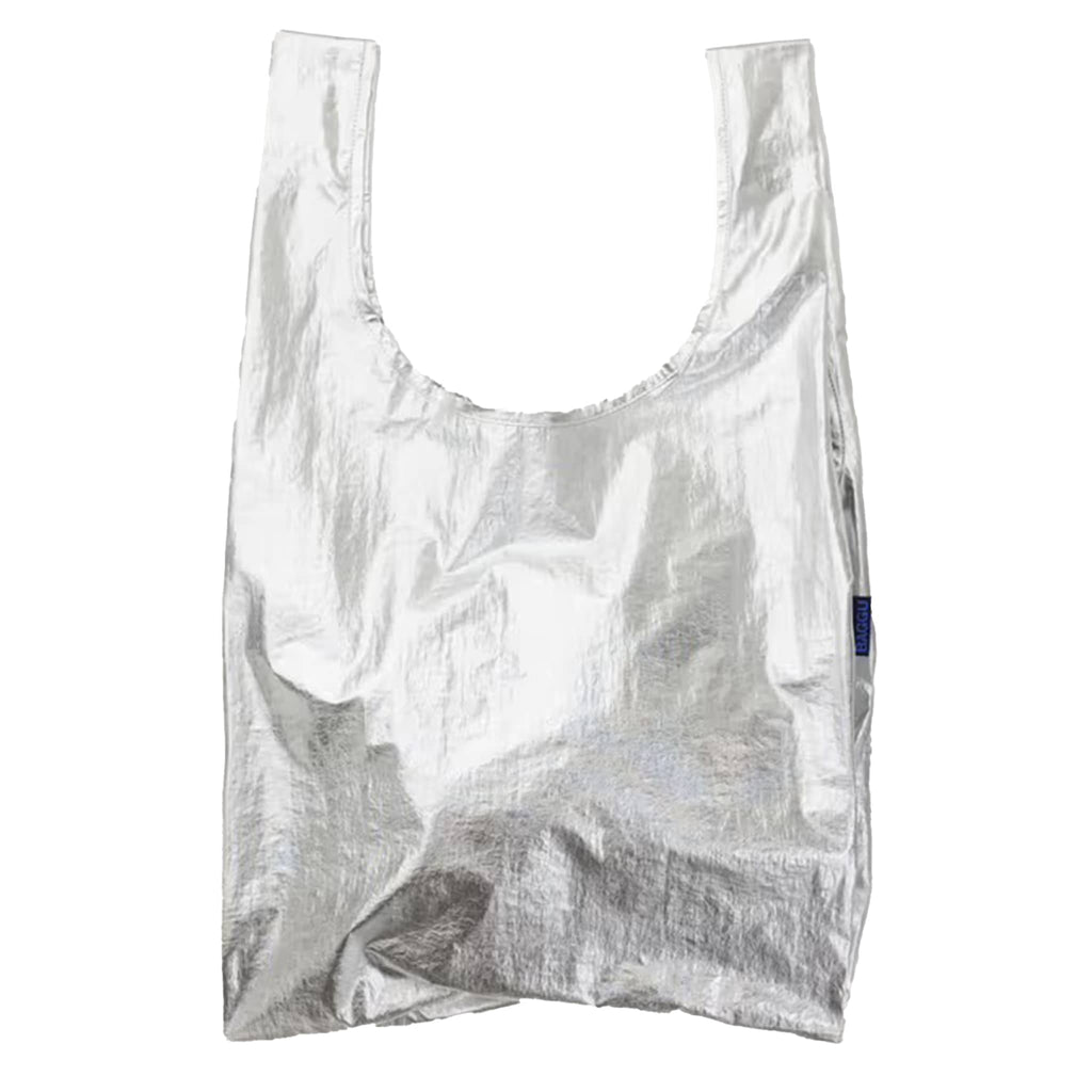 Silver reusable shopping bag on a white background.