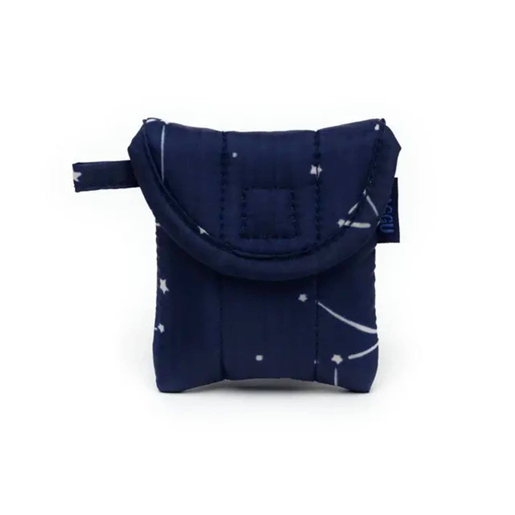 Baggu puffy earbuds case with constellation midnight print, front view.