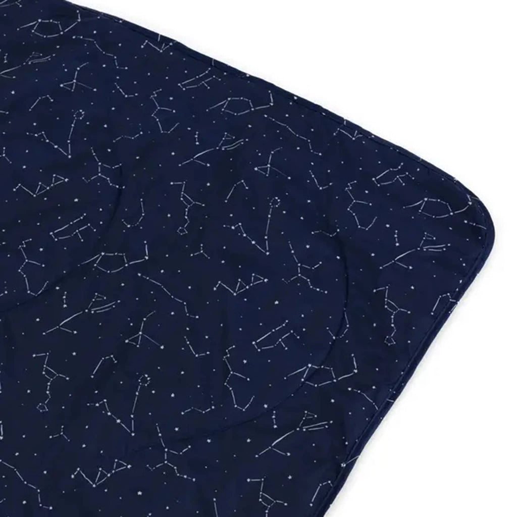 Baggu Puffy Picnic Blanket in Constellation Midnight print, detail of corner.