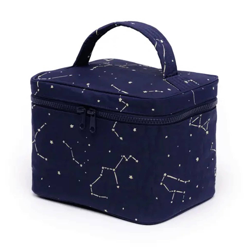 Baggu large cosmetic case with constellation midnight print, front angle.