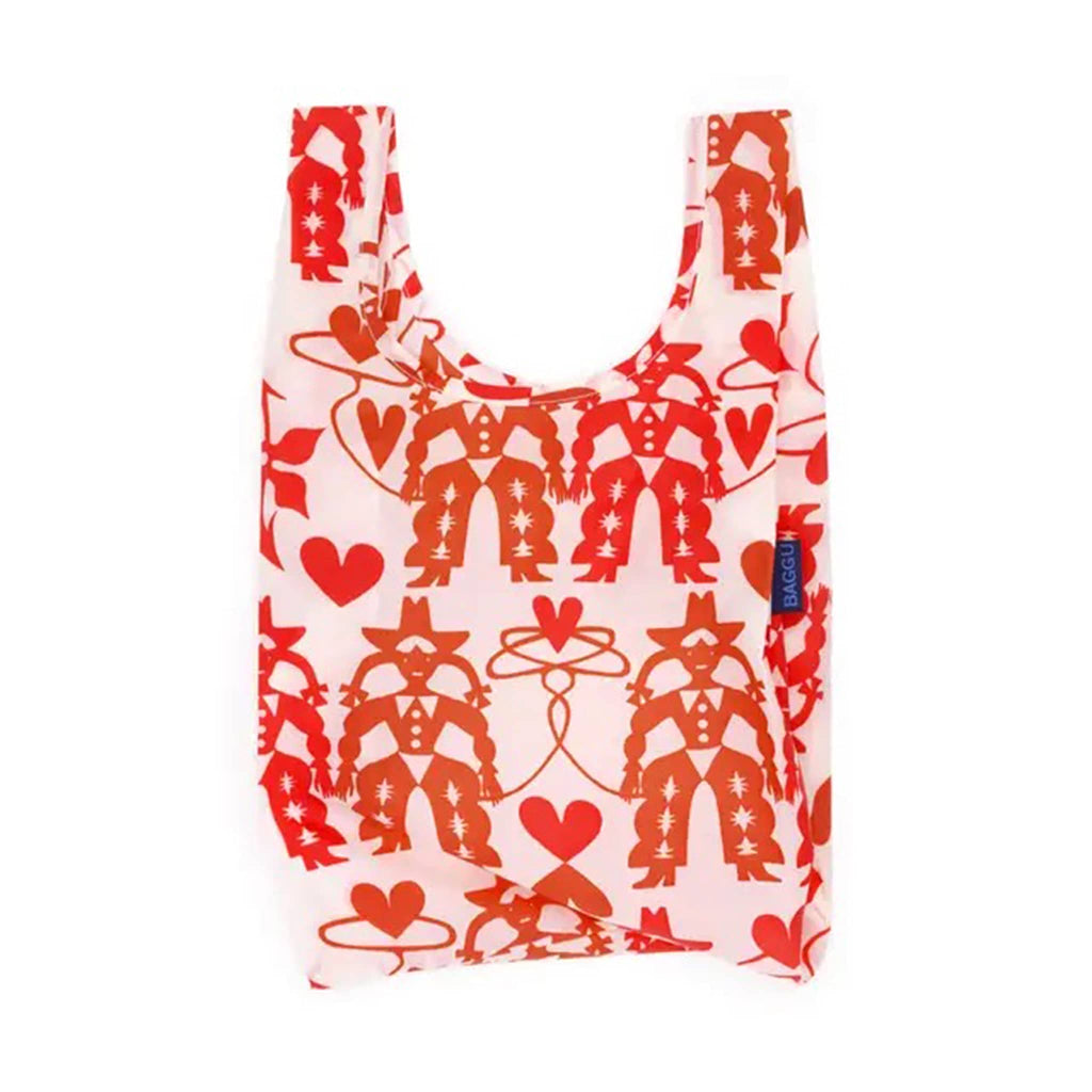 Reusable shopping bag with red Cowgirl pattern on a white background.