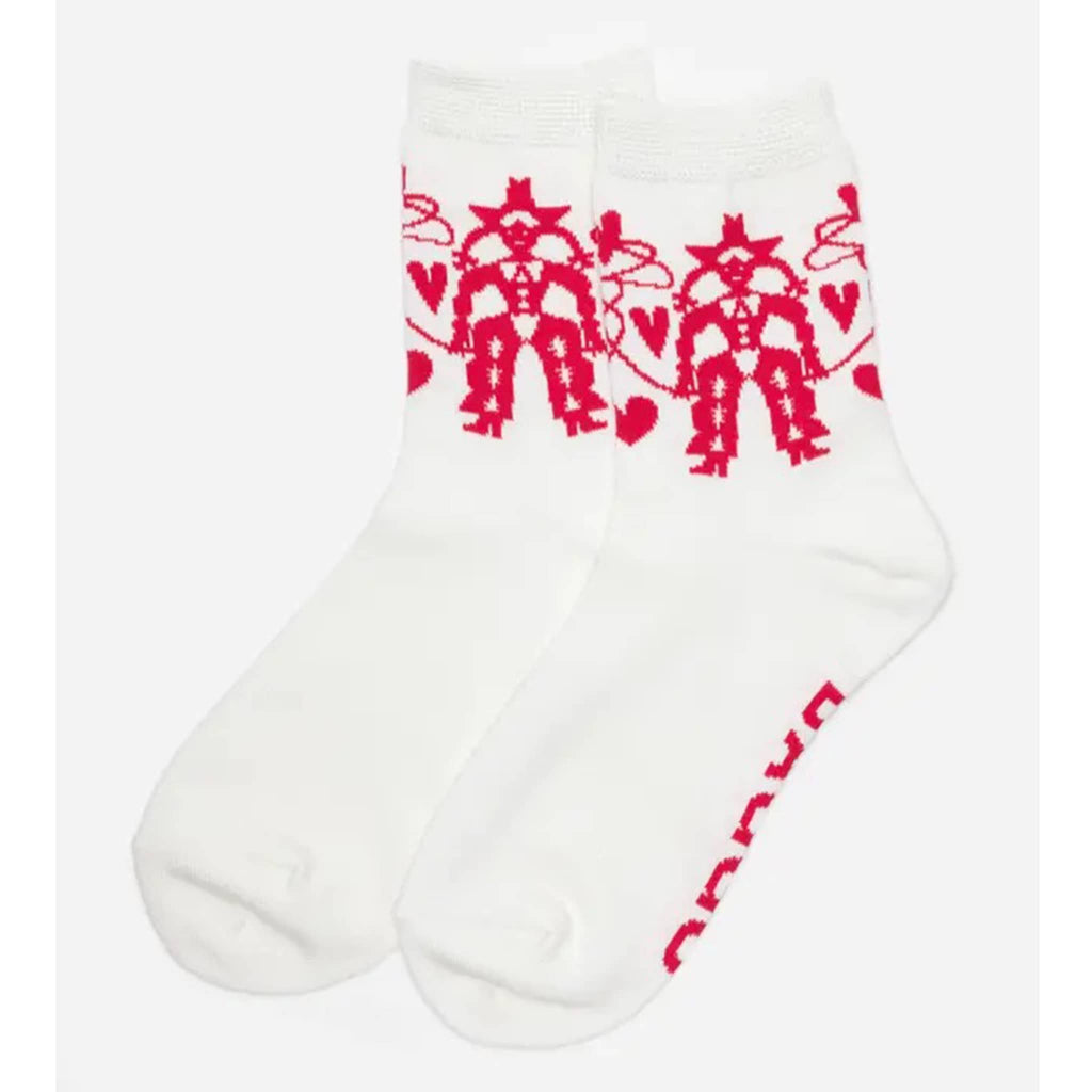 White socks with red Cowgirl pattern on a white background.