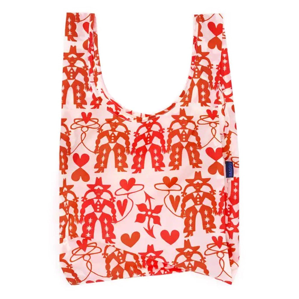 Reusable shopping bag with red Cowgirl pattern on a white background.
