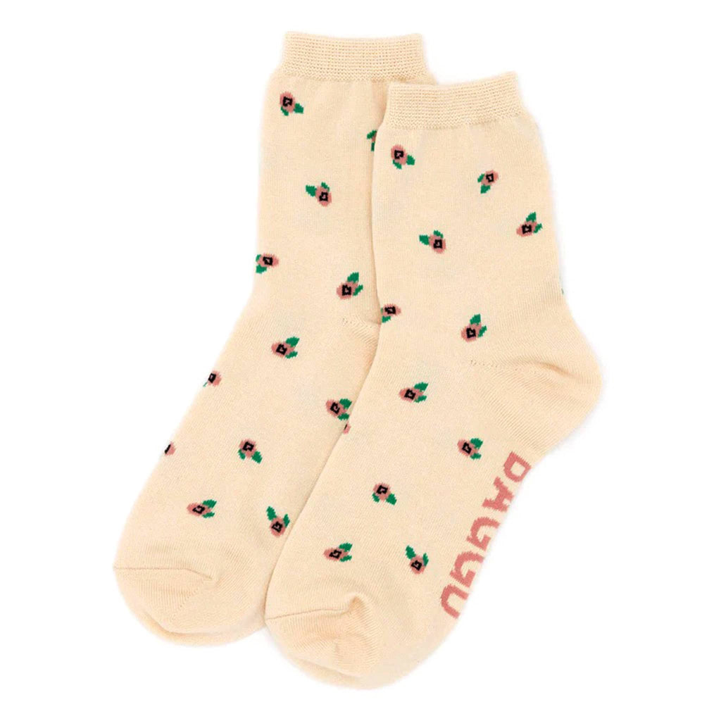 Baggu bamboo rayon unisex Rosette crew socks with small peach flowers on a cream background, flat.