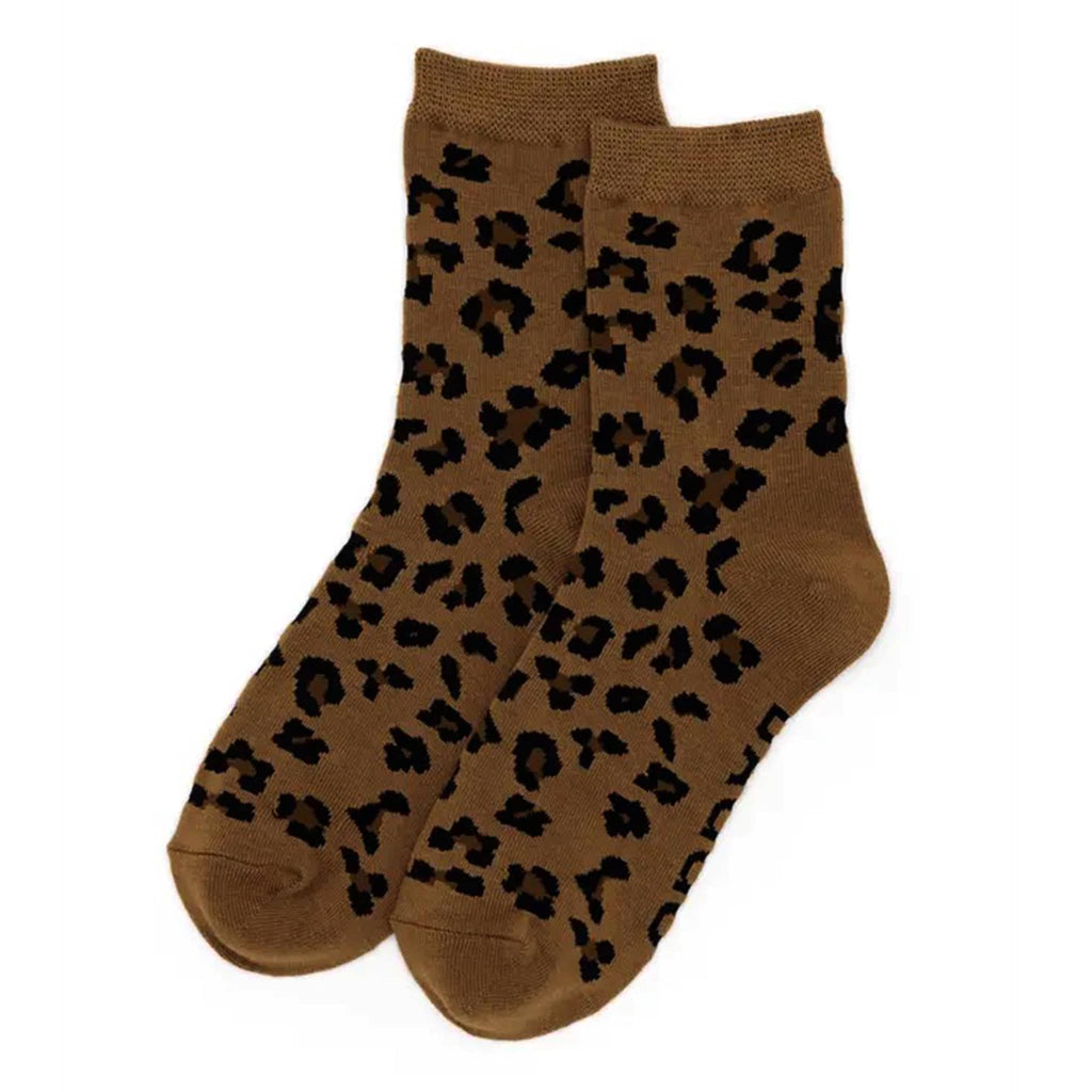 Baggu Bamboo Rayon Crew Socks in Dark Leopard print, flat.