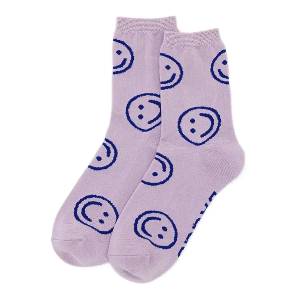 Baggu Bamboo Rayon Crew Socks in Dusty Pink Happy print, flat.