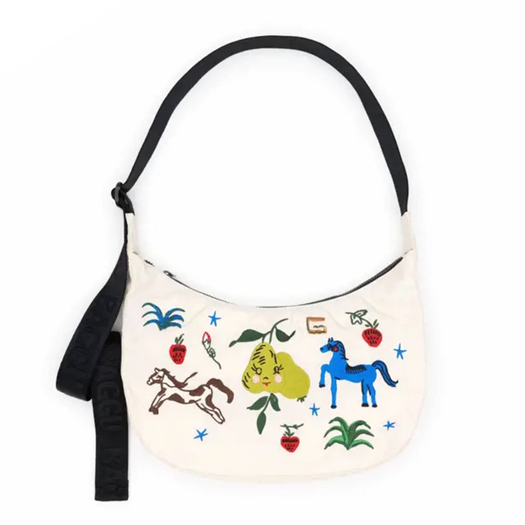 Baggu Embroidered Painted Prairie medium ripstop nylon crescent bag, front view.