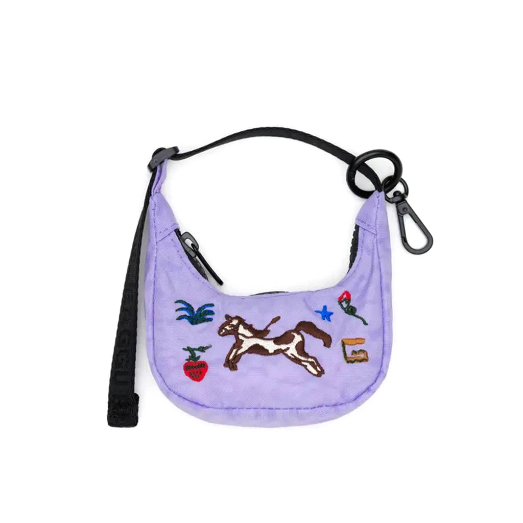 Baggu purple crescent bag charm with embroidered horse design and black strap on a white background.
