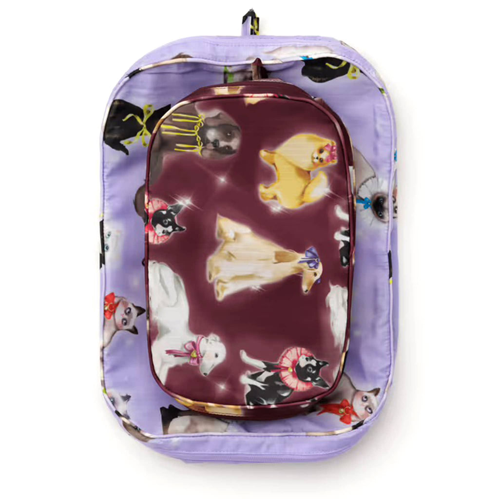 Baggu Fancy Animals reusable recycled polyester packing cubes, set of two flat and stacked on a white background.