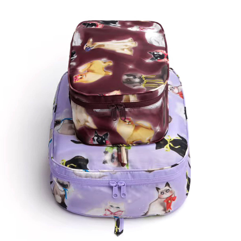 Baggu Fancy Animals reusable recycled polyester packing cubes, set of two stuffed and stacked on a white background.