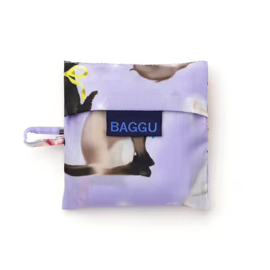 Baby Baggu reusable bag in Fancy Cats, in matching pouch, on a white background.