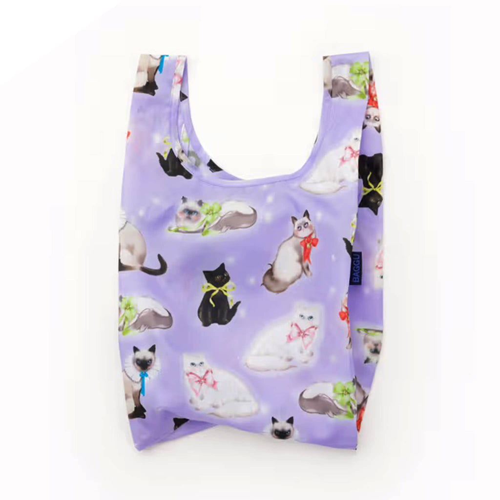 Baby Baggu reusable bag in Fancy Cats, unfolded, on a white background.