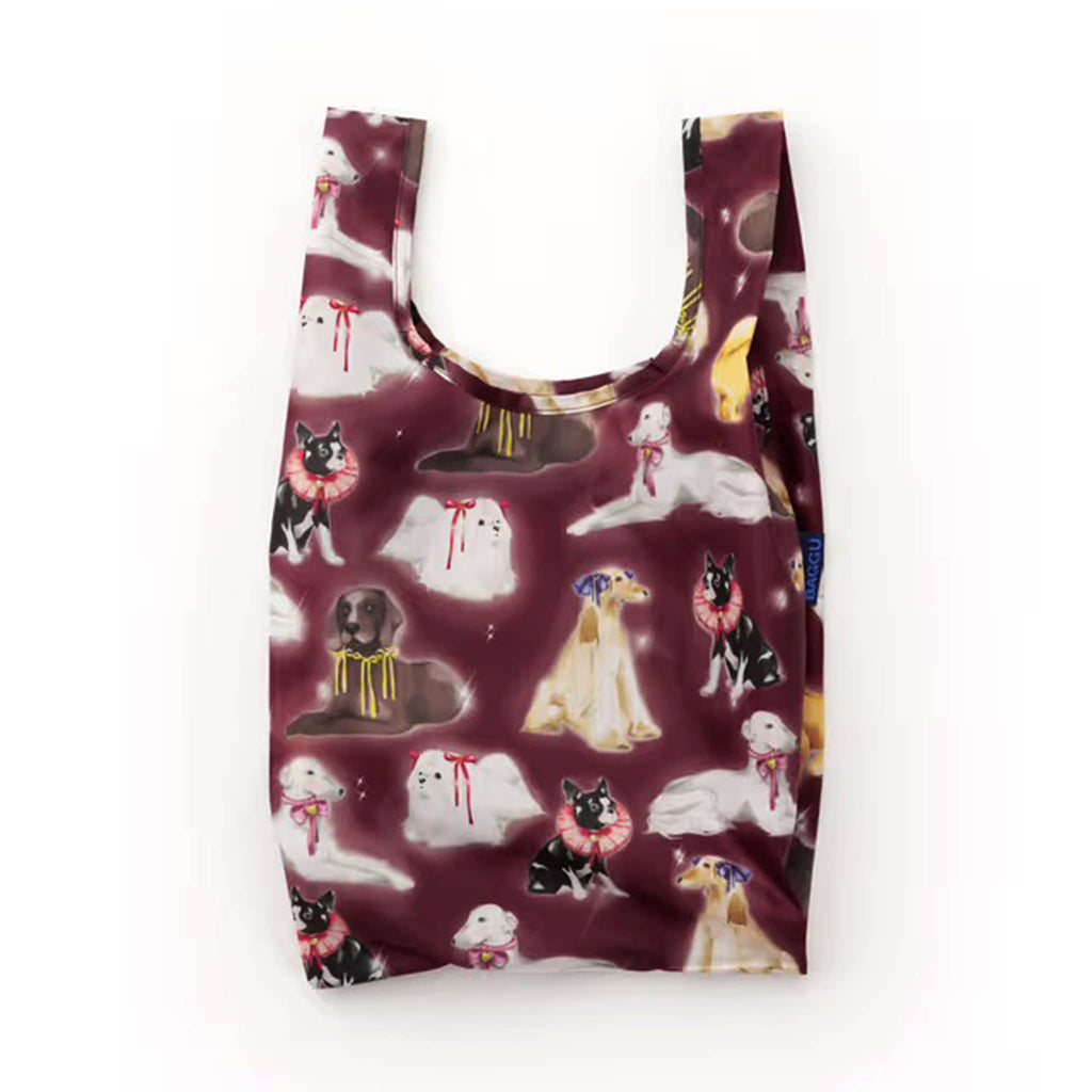 Baby Baggu reusable bag in Fancy Dogs, unfolded, on a white background.